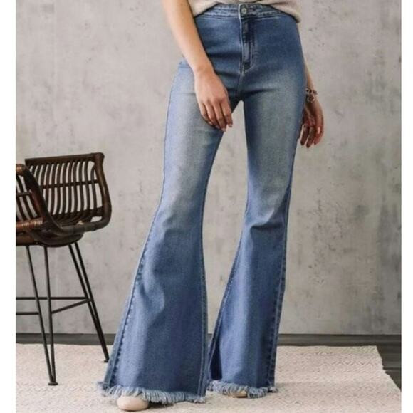 KanCan Denim - Kancan Ultra High Rise Extreme Flare Boho Jeans 29 Raw Hem Vintage Wash